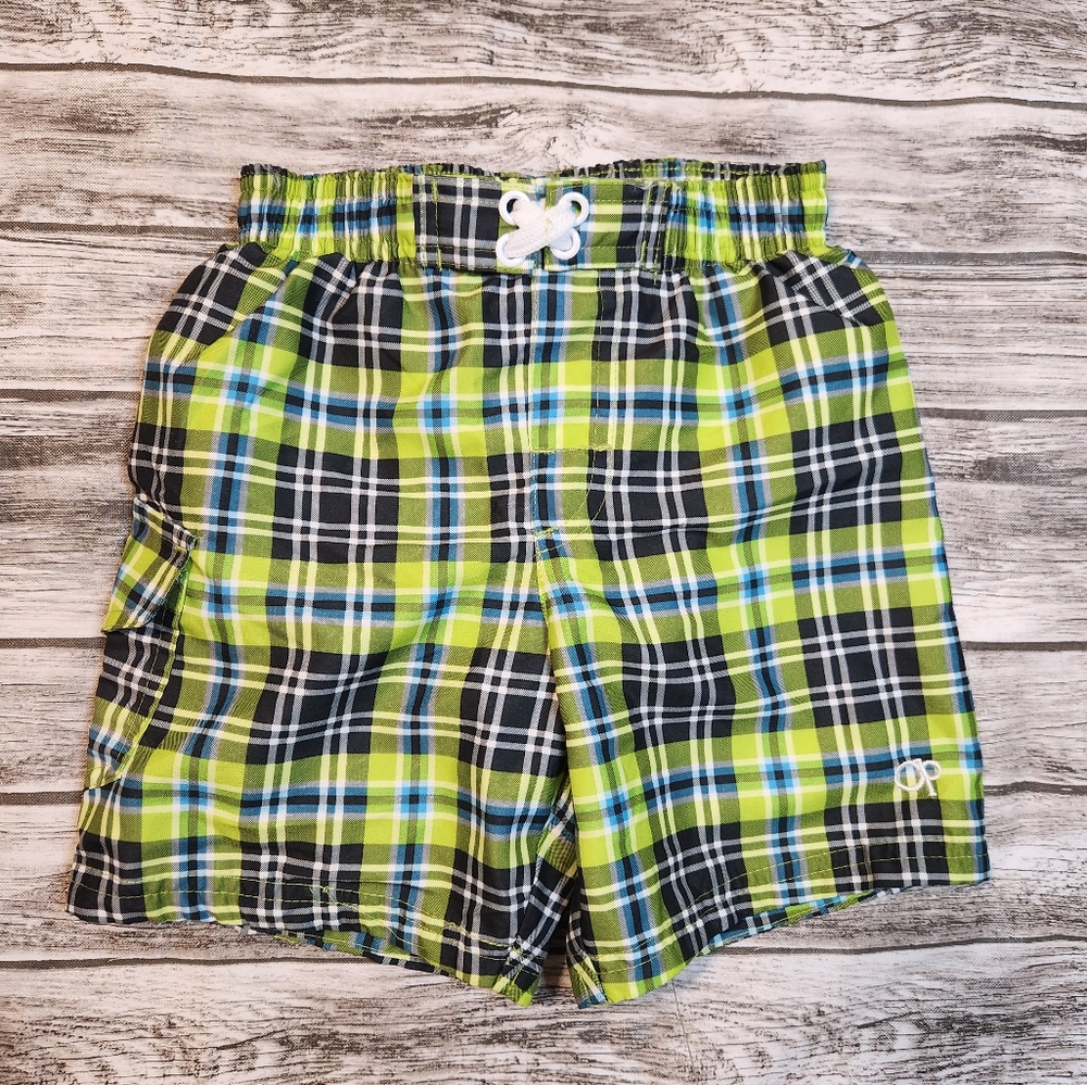Ocean Pacific blue, green, black plaid swim trunks